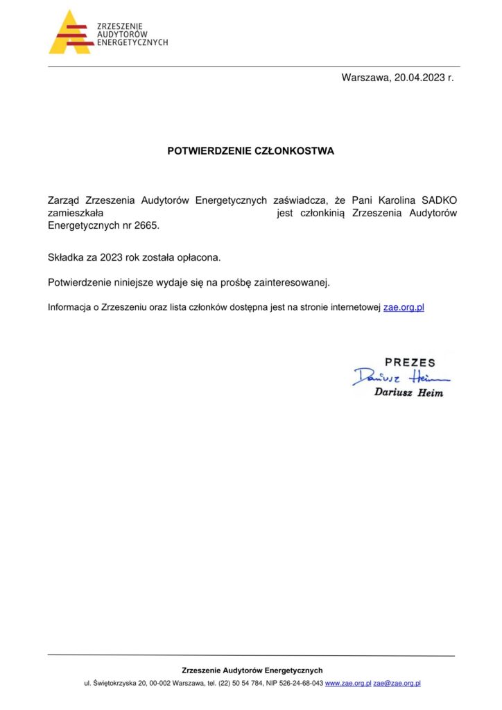Poświadczenie członkostwa ZAE _SADKO Karolina