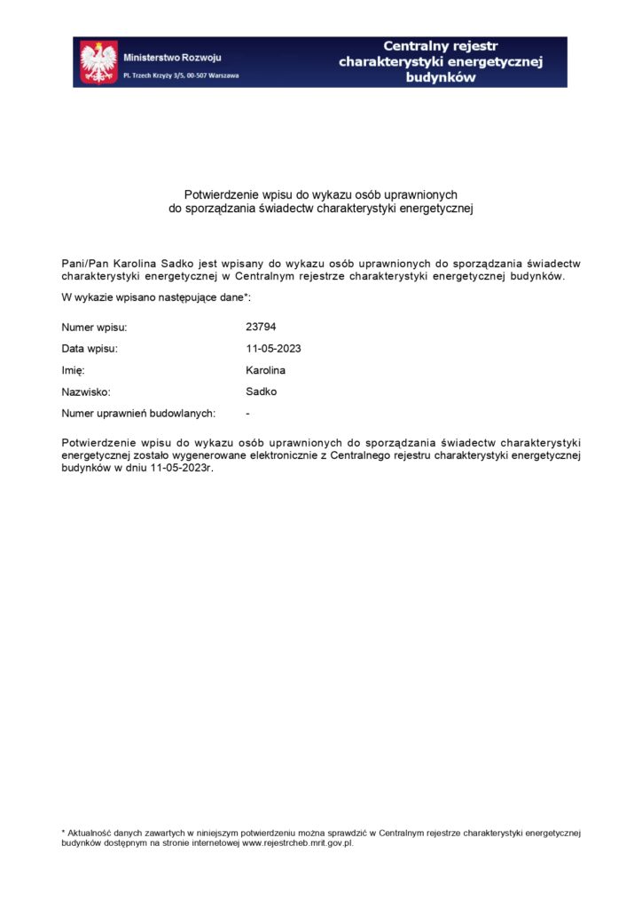 Potwierdzenie wpisu Karolina Sadko