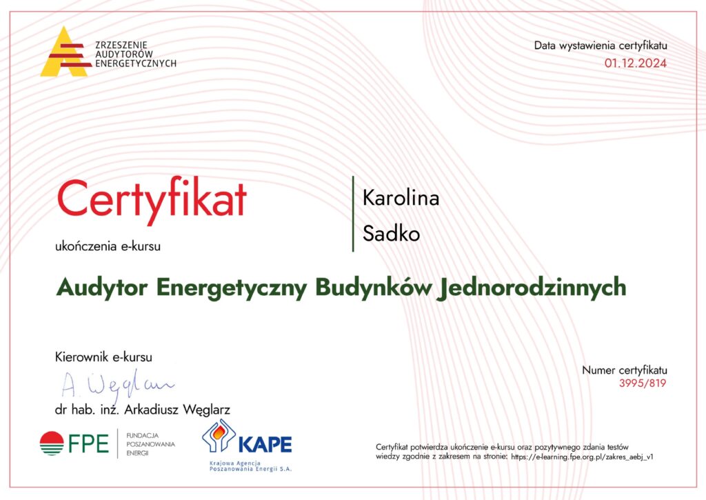 Certyfikat Karolina Sadko SADECO Audyt Energetyczny